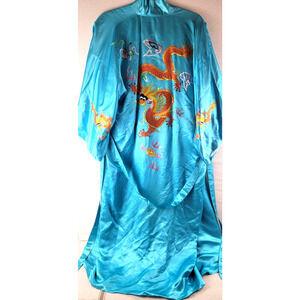 Vintage Flying Horse Silk Robe Hand Embroidered Bright Color Dragon Belt 1950's